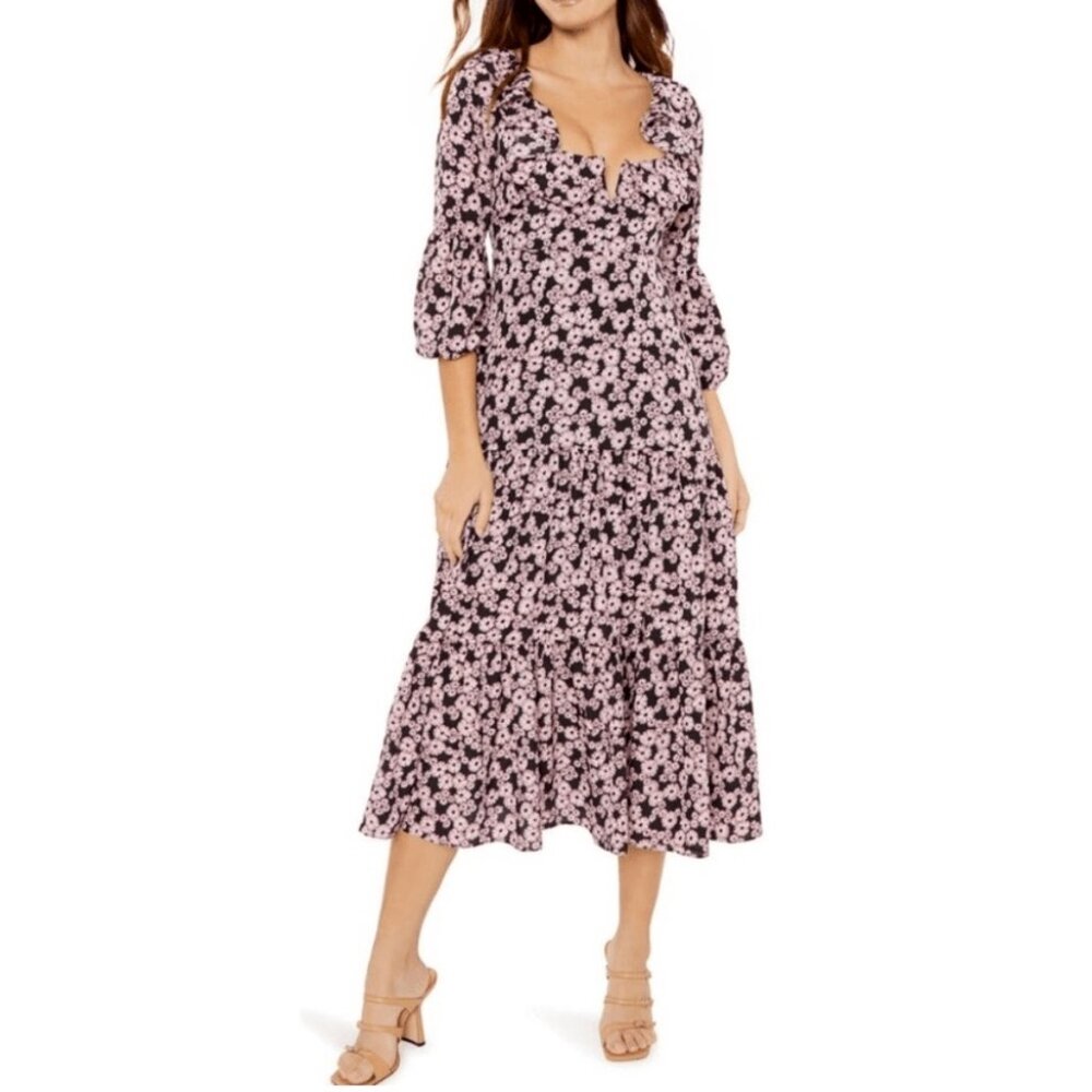 LIKELY Women's Bella Dress Floral Black Midi Ruffle Tiered Flowy Pockets Size 8